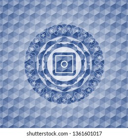 bank safe icon inside blue badge with geometric pattern background.