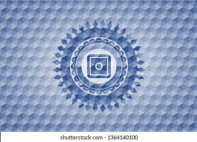 bank safe icon inside blue badge with geometric pattern background.