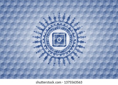 bank safe icon inside blue emblem with geometric pattern.