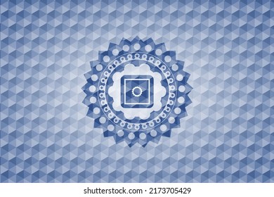 bank safe icon inside blue badge with geometric pattern. 