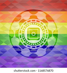 bank safe icon inside emblem on mosaic background with the colors of the LGBT flag