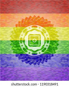bank safe icon inside emblem on mosaic background with the colors of the LGBT flag