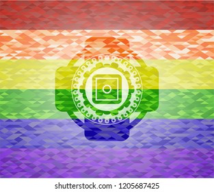 bank safe icon inside emblem on mosaic background with the colors of the LGBT flag