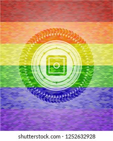 bank safe icon inside emblem on mosaic background with the colors of the LGBT flag