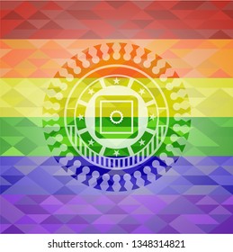 bank safe icon inside emblem on mosaic background with the colors of the LGBT flag