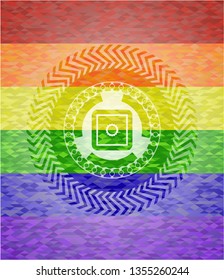 bank safe icon inside emblem on mosaic background with the colors of the LGBT flag