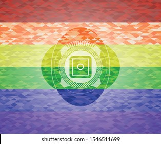 bank safe icon inside emblem on mosaic background with the colors of the LGBT flag