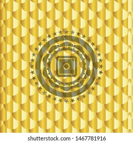 bank safe icon inside gold shiny badge. Scales pattern. Vector Illustration. Detailed.