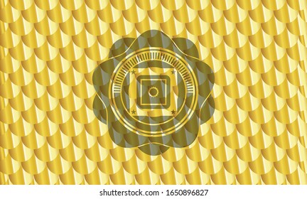 bank safe icon inside gold shiny badge. Scales pattern. Vector Illustration. Detailed.