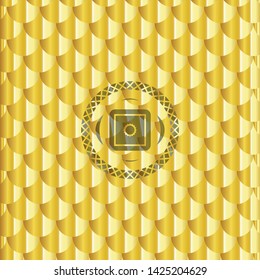 bank safe icon inside golden emblem or badge. Scales pattern. Vector Illustration. Detailed.