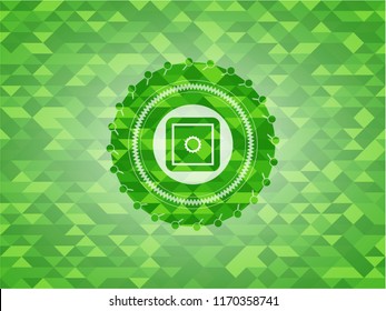 bank safe icon inside green emblem. Mosaic background