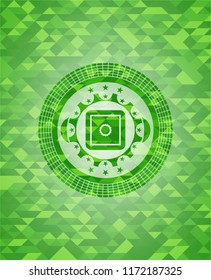 bank safe icon inside green emblem. Mosaic background