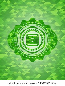 bank safe icon inside green emblem. Mosaic background