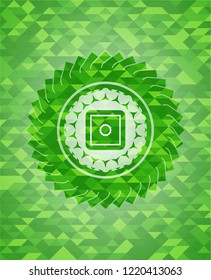 bank safe icon inside green emblem. Mosaic background