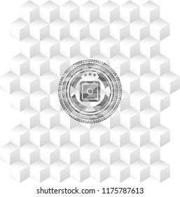 bank safe icon inside grey emblem. Vintage with geometric cube white background