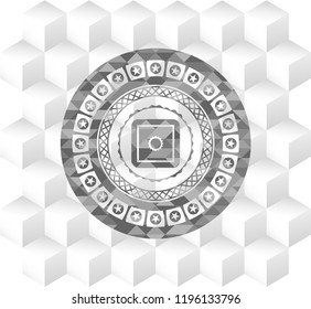 bank safe icon inside grey badge with geometric cube white background