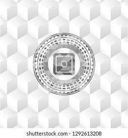 bank safe icon inside grey badge with geometric cube white background