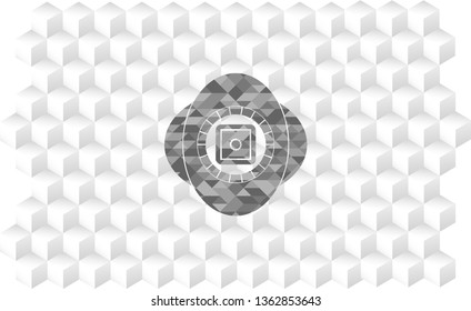 bank safe icon inside grey badge with geometric cube white background