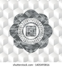 bank safe icon inside grey badge with geometric cube white background