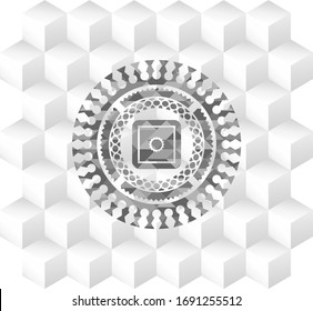 bank safe icon inside grey badge with geometric cube white background