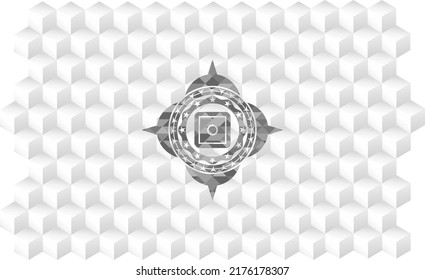 bank safe icon inside grey badge with geometric cube white background. 