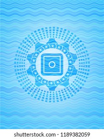 bank safe icon inside light blue water wave badge background.