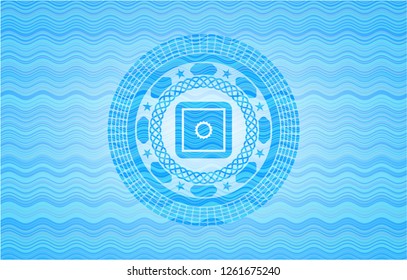 bank safe icon inside light blue water style badge.