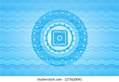 bank safe icon inside light blue water emblem background.