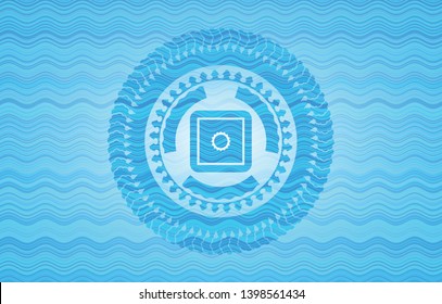 bank safe icon inside light blue water wave style badge.