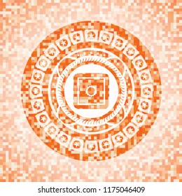 bank safe icon inside orange tile background illustration. Square geometric mosaic seamless pattern with emblem inside.