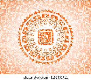 bank safe icon inside orange tile background illustration. Square geometric mosaic seamless pattern with emblem inside.