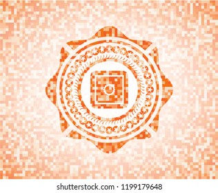 bank safe icon inside orange tile background illustration. Square geometric mosaic seamless pattern with emblem inside.