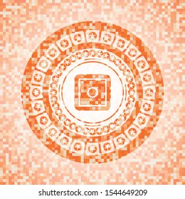 bank safe icon inside orange tile background illustration. Square geometric mosaic seamless pattern with emblem inside.