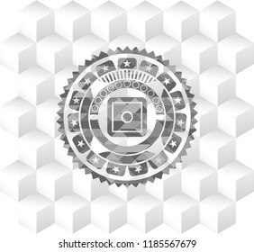 bank safe icon inside realistic grey emblem with geometric cube white background