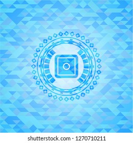 bank safe icon inside realistic light blue emblem. Mosaic background