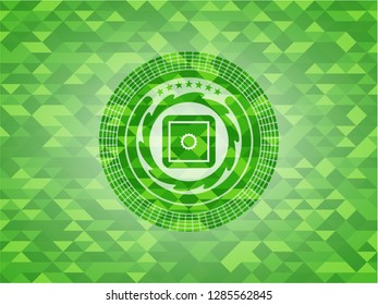 bank safe icon inside realistic green emblem. Mosaic background