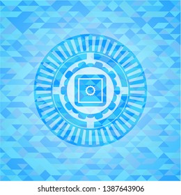 bank safe icon inside realistic sky blue mosaic emblem