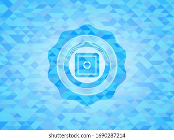 bank safe icon inside realistic sky blue mosaic emblem