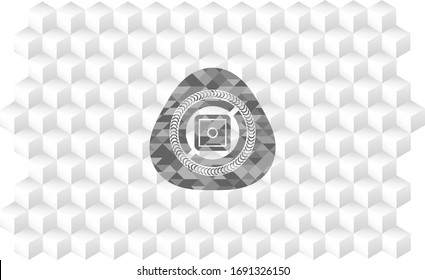 Bank-Safe-Symbol innerhalb eines realistischen grauen Emblems mit geometrischem, weißem Hintergrund