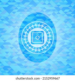 bank safe icon inside realistic light blue mosaic emblem. 