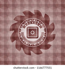 bank safe icon inside red seamless emblem or badge with abstract geometric polygonal pattern background.