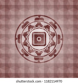 bank safe icon inside red seamless emblem with geometric pattern.