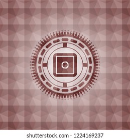 bank safe icon inside red seamless geometric pattern emblem. Seamless.