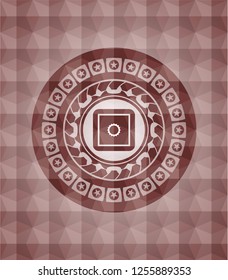 bank safe icon inside red seamless emblem or badge with abstract geometric polygonal pattern background.