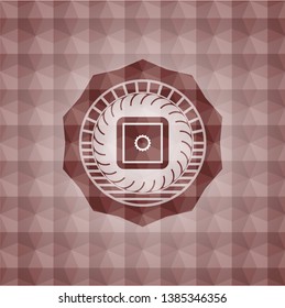 bank safe icon inside red seamless badge with geometric pattern.