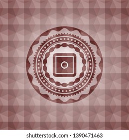 bank safe icon inside red seamless emblem with geometric pattern.