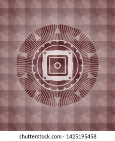 bank safe icon inside red seamless emblem with geometric background.