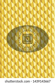 bank safe icon inside shiny golden emblem. Scales pattern. Vector Illustration. Detailed.