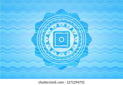 bank safe icon inside sky blue water wave style badge.