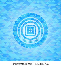 bank safe icon inside sky blue emblem with mosaic ecological style background